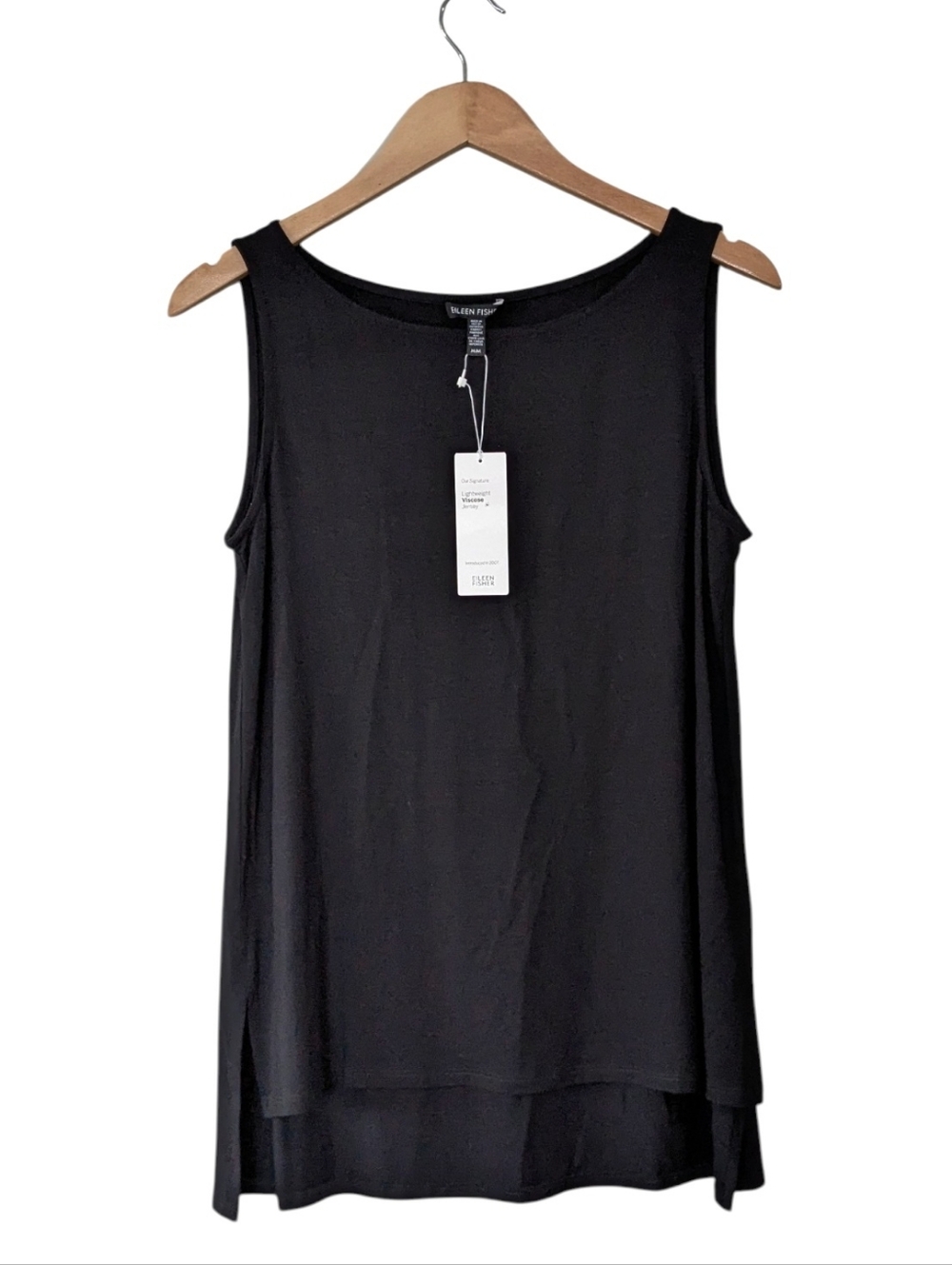 Eileen Fisher Black Tank M Lightweight Viscose Jersey Bateau Neck Shell NWT $138